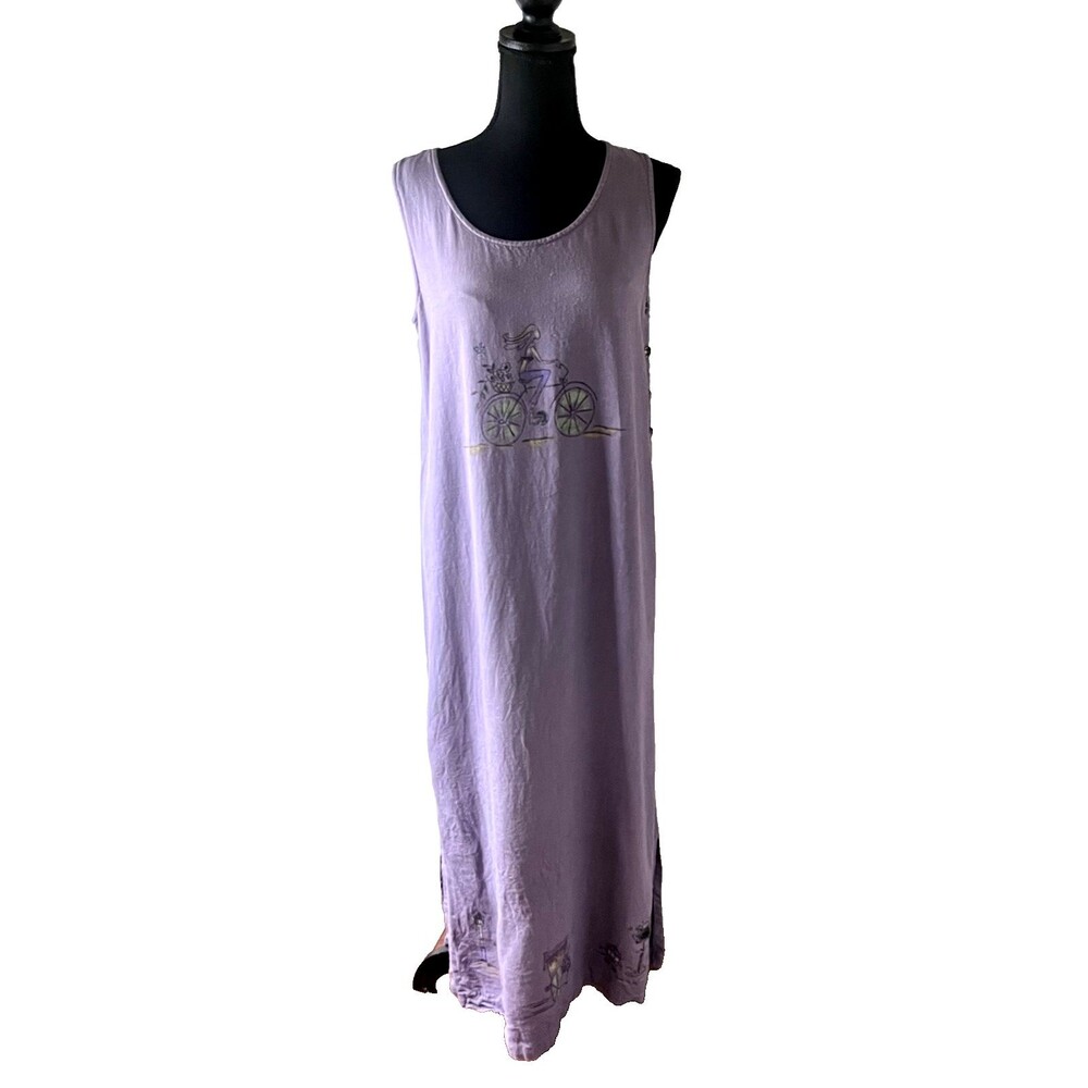 Sweet Jessie Vtg Linen Blend Maxi Sleeveless Dress‎ Blue Beach Scene Paint Sz M